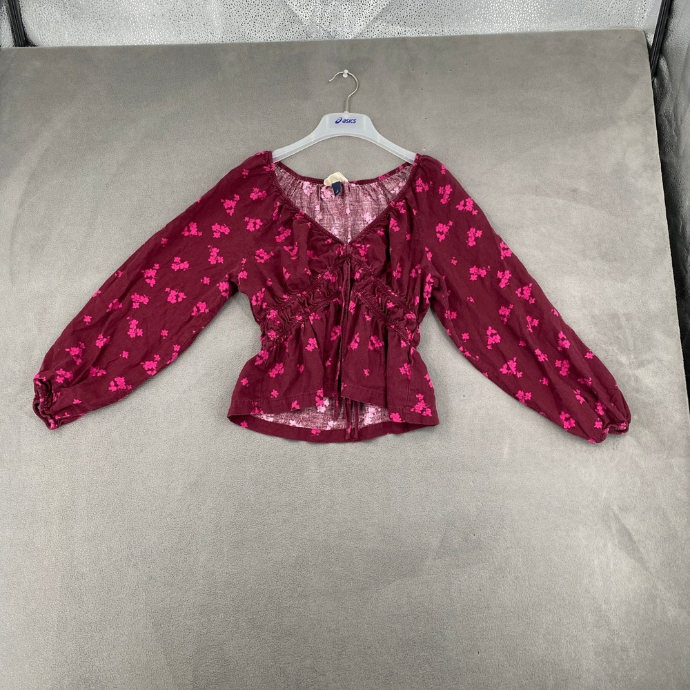 Universal Thread Burgundy Pink Floral Smocked Linen Blend Peplum Blouse Small